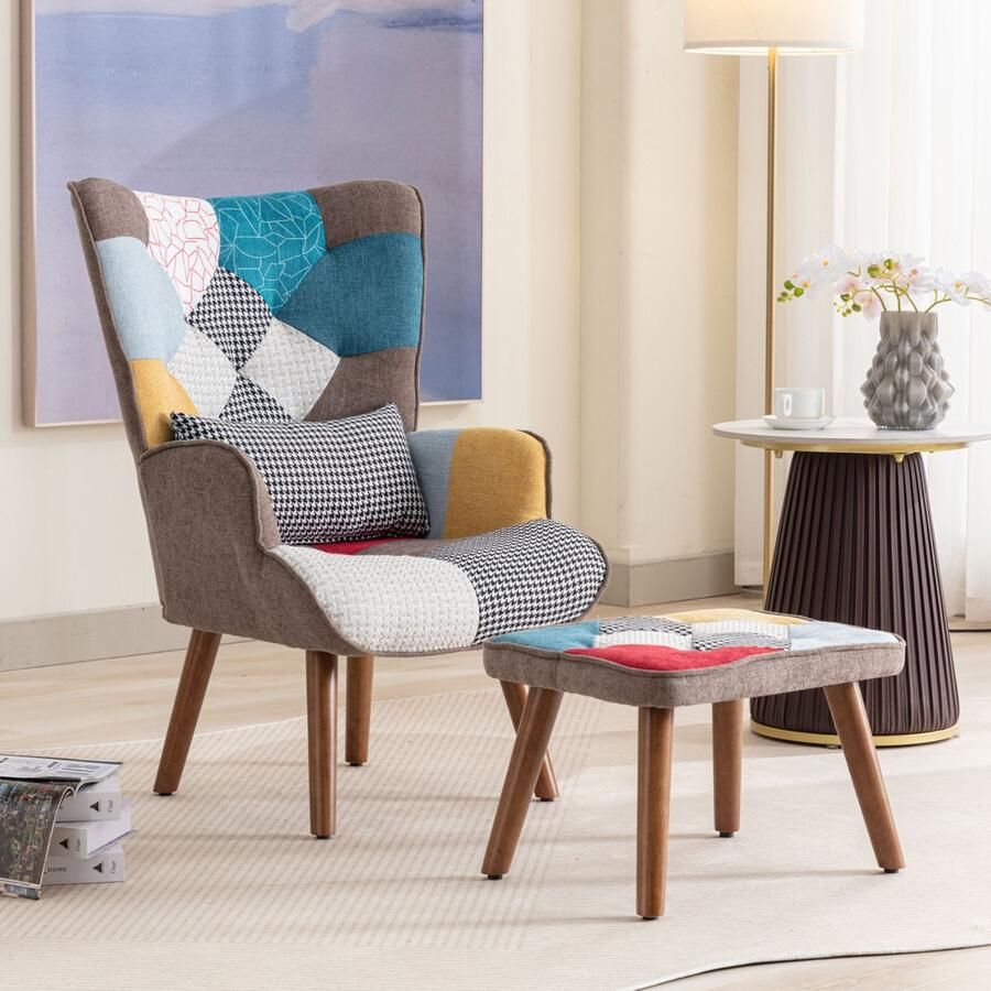 Gutent Fauteuil Patchwork design Kleurgecoördineerde Loungestoel met voetensteun Rugleuning en Kussen Woonkamer loungestoelset