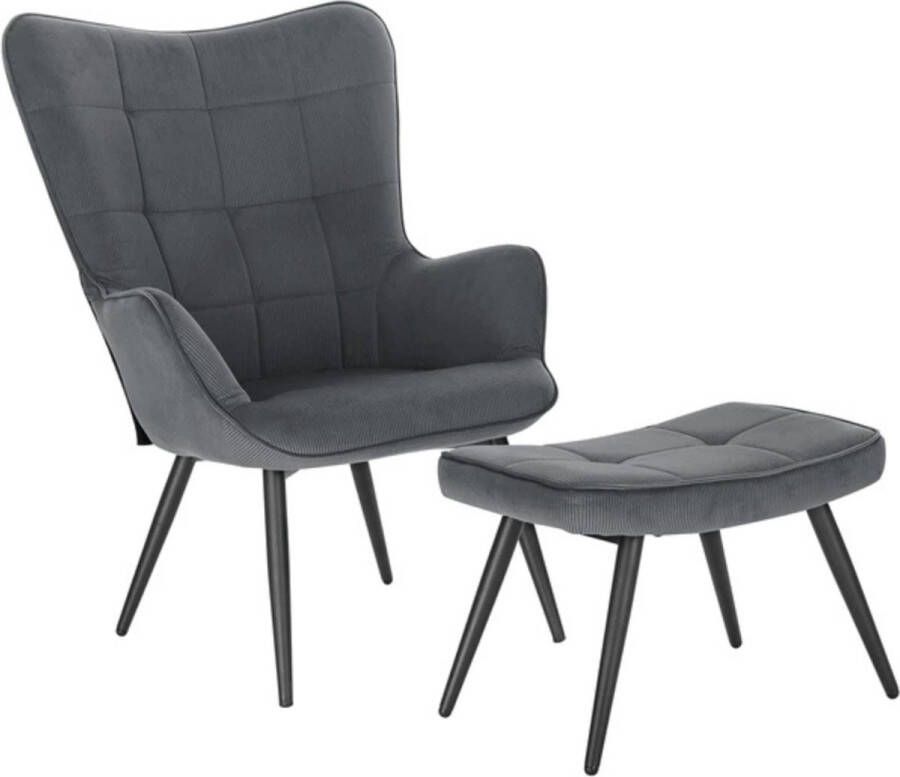 Loft Home Fauteuil Stoel Luxe Stoel Met Voetenbank Stof Lounge Stoel Donker Grijs