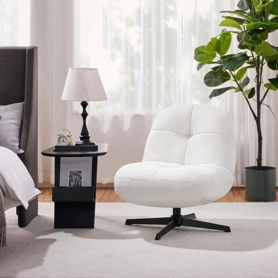 Fauteuil van boucle-weefsel gestoffeerde stoel zonder armleuning 360° draaibare stoel voor woonkamer slaapkamer ontvangstruimte wit