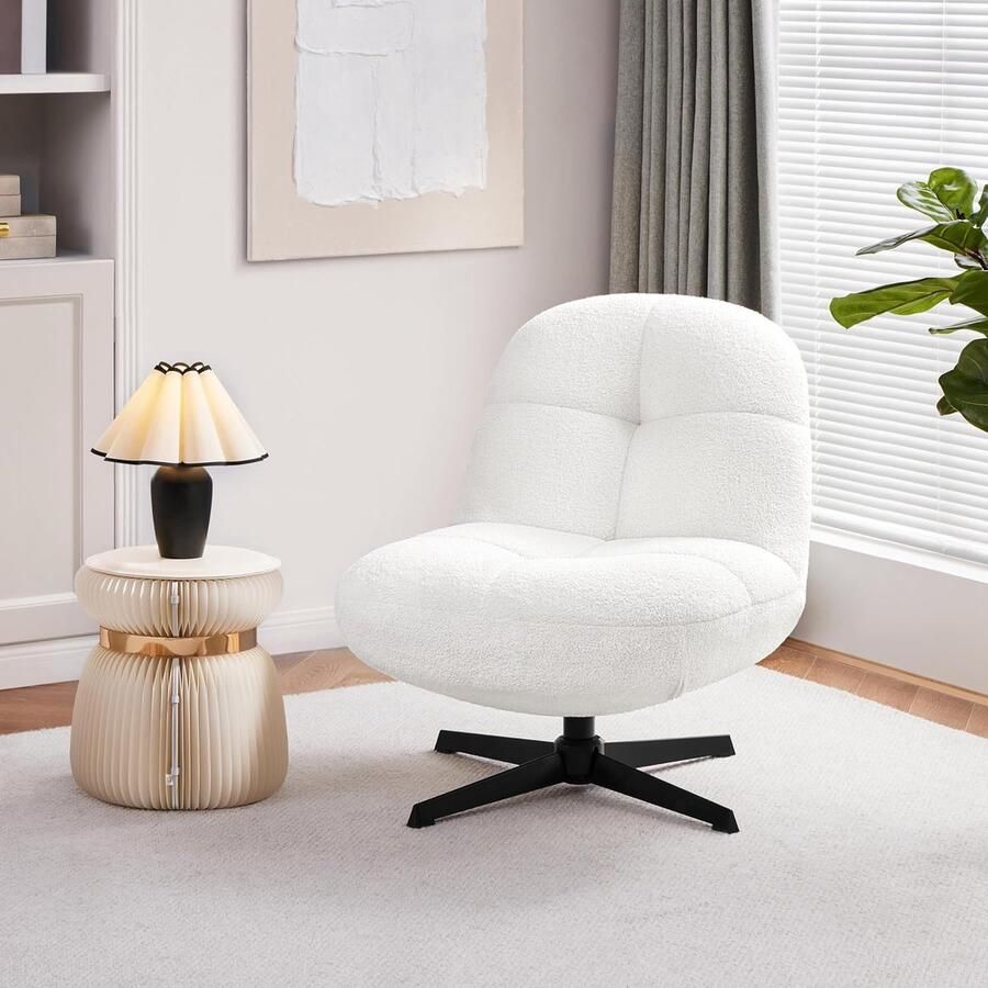 Fauteuil van boucle-weefsel gestoffeerde stoel zonder armleuning 360° draaibare stoel voor woonkamer slaapkamer ontvangstruimte wit