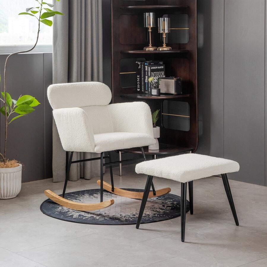 Sweiko Schommelstoel met hocker rubberhouten frame teddy suède loungestoel