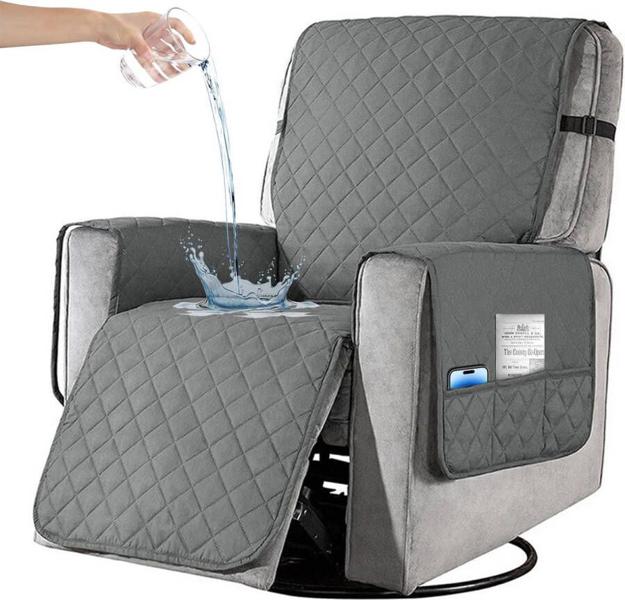 Fauteuilbeschermer voor relaxstoel fauteuilbeschermer voor tv-stoel antislip bankhoes waterdicht met tas 1-zits stoelbeschermer voor huisdieren en kinderen 63 5 cm breed (grijs)