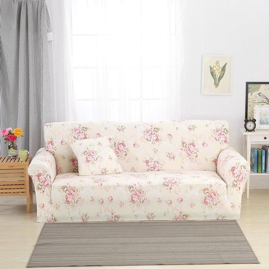 Fauteuilhoes met bloemenpatroon Rekbaar 2-zits Beige en roze Universele bankovertrek Polyester hoekbank overtrek
