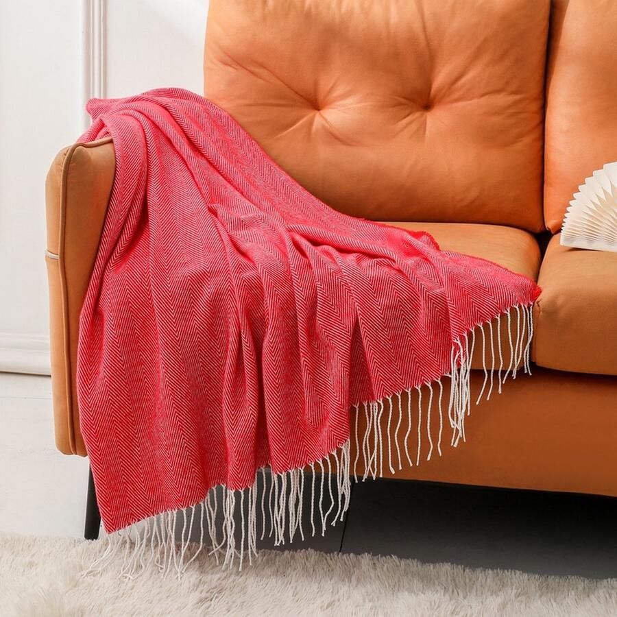 Faux Cashmere Kwastjes Deken Decoratieve Lichtgewicht Deken Superzachte Gebreide Deken Met Kwastjes Voor Bed of Bank 127 x 152cm groente - Foto 3