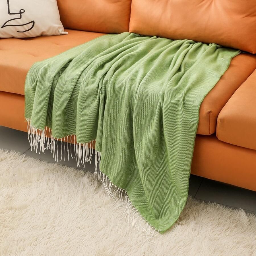 Faux Cashmere Kwastjes Deken Decoratieve Lichtgewicht Deken Superzachte Gebreide Deken Met Kwastjes Voor Bed of Bank 127 x 152cm groente