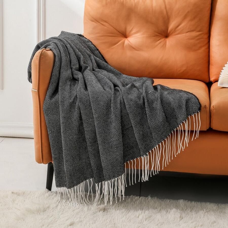 Faux Cashmere Kwastjes Deken Decoratieve Lichtgewicht Deken Superzachte Gebreide Deken Met Kwastjes Voor Bed of Bank 127 x 152cm groente - Foto 2