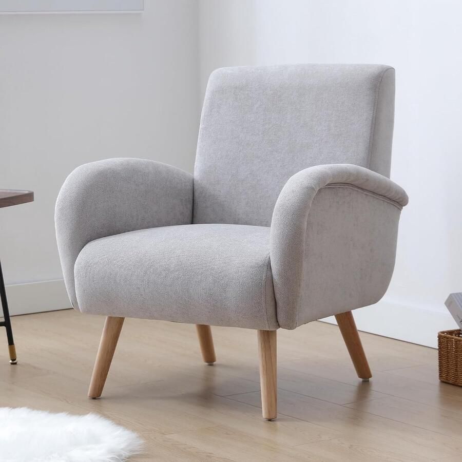 Faux Fur Fauteuil – Comfortabele Lounge Stoel met Armleuningen – Gestoffeerde Stoel met Houten Poten – grijs– Voor Woonkamer of Slaapkamer