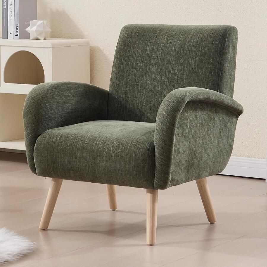 Faux Fur Fauteuil – Comfortabele Lounge Stoel met Armleuningen – Gestoffeerde Stoel met Houten Poten –GROEN – Voor Woonkamer of Slaapkamer