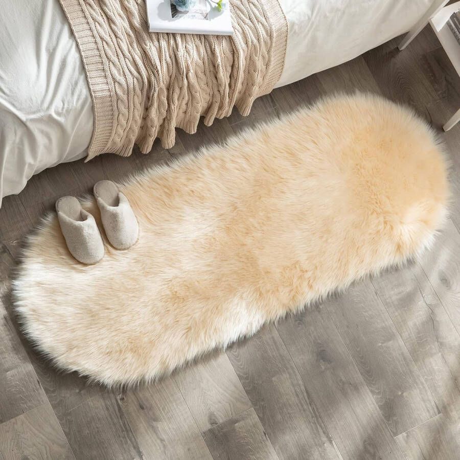 Faux Fur Gebied Tapijten Schapenvacht Tapijten Faux Pluizige Mat Fleece Stoel Cover Seat Pad Zachte Shaggy Area Mat voor Slaapkamer Sofa Floor 60 x 160 cm Ovale Vorm Beige