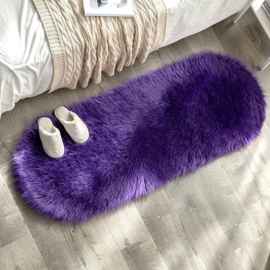 Faux Fur Gebied Tapijten Schapenvacht Tapijten Faux Pluizige Mat Fleece Stoel Cover Seat Pad Zachte Shaggy Area Mat voor Slaapkamer Sofa Floor 60 x 160 cm Ovale Vorm Paars