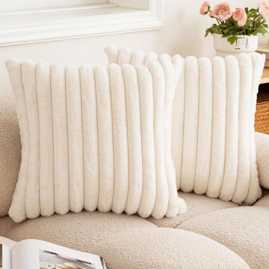 Faux Fur Throw Pillow Covers 20x20 Inch Set of 2 Decorative Soft Plush Striped Neutral Couch Euro Pillow Covers with Velvet Back for Sofa Bed Living Room Home Decor Beige
