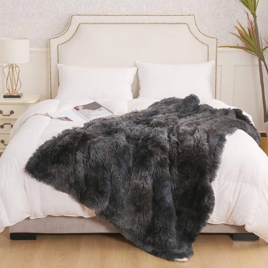 Faux knuffeldeken wollig super zacht pluche dik en elegant lange haren shaggy deken warme gezellige omkeerbare pluizige deken voor bank en bed (Tie Dye donkergrijs 130 x 150 cm)