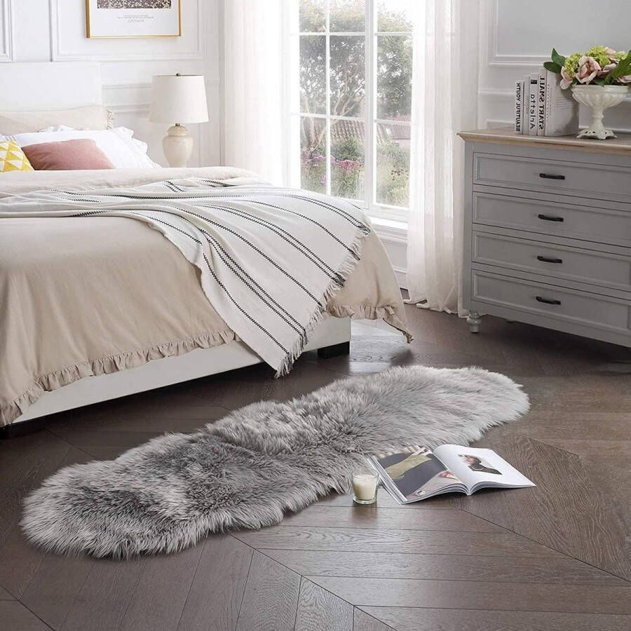 Faux lamsvacht tapijt kunstbont lamsvacht langharig bedkleed woonkamer imitatie wol bankmat donkergrijs 60 x 180 cm