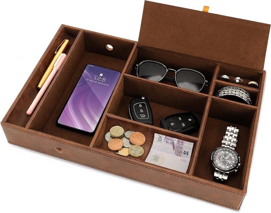 Faux Lederen Bruine Nachtkast Organiser Tray met 6 Compartimenten Desk Opslag Doos voor Beurs Telefoon Sleutels Sieraden Manchetknopen Allesvanger voor Naast het Bed