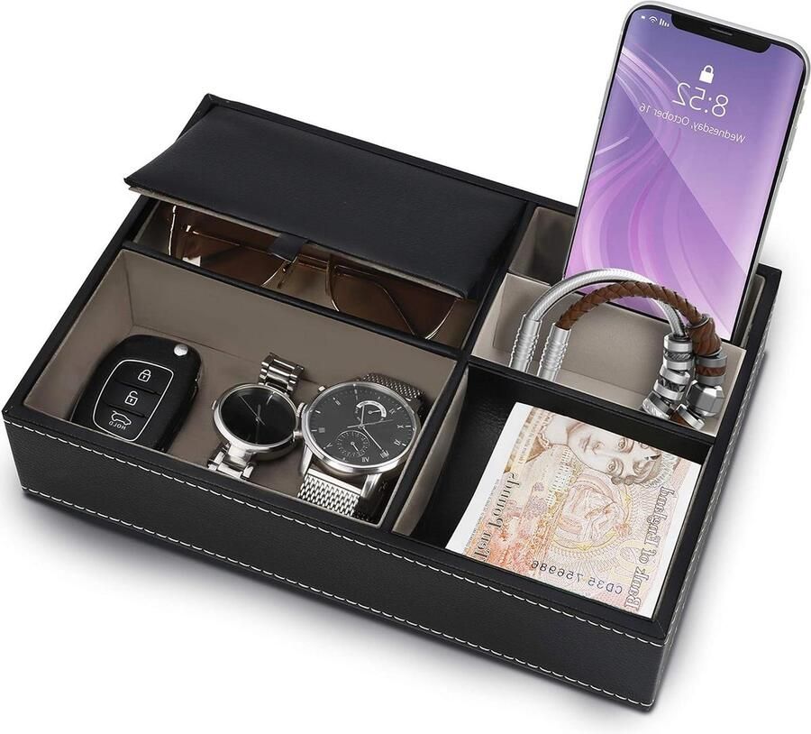 Faux Leren 5 Compartimenten Valet Nachtkastje Organizer Tray – Bureau Opslag Doos Voor Beurs Telefoon Sleutels Sieraden Accessoires Geld Armbanden – Allesvanger Naast het Bed met Zwart Organizer Tray Valet Tray Nachtkastje