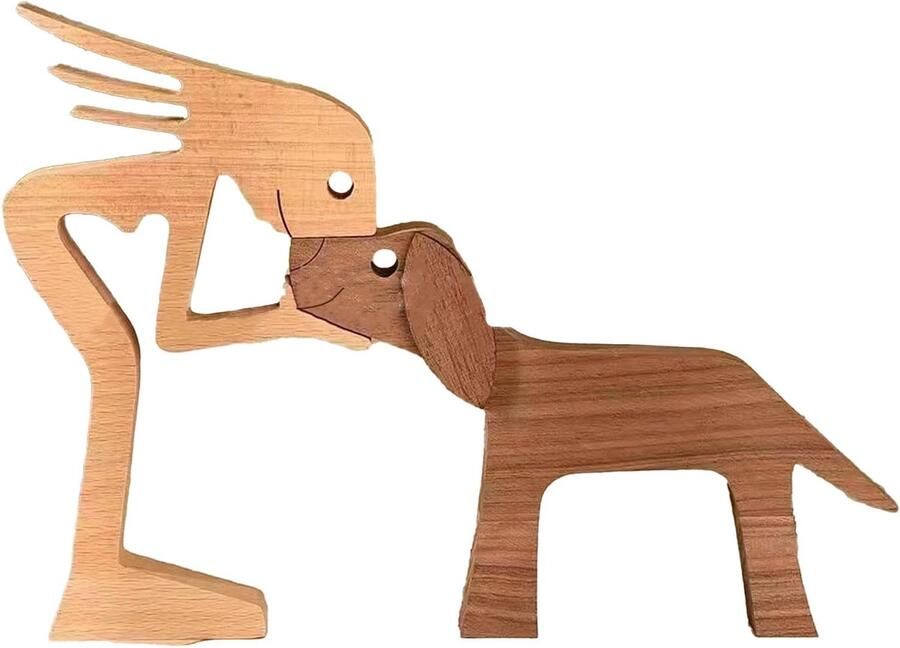 FDHBDF Houten beelden Sculptuur Hond Houtsnijwerk Mens en Hond Creatieve Tafeldecoratie Handgemaakt van Hout Tafeldecoratie in de Boekenkast Schattig (Stijl B)
