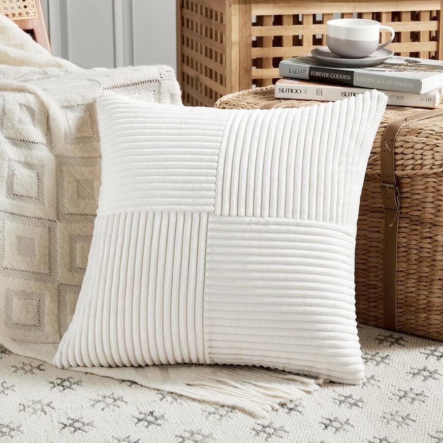 FDTERN 1 stuk crèmewit kussenhoes 45 x 45 cm zachte corduroy kussenhoezen kussenhoes decoratieve kussenhoes bankkussen decoratief kussen boho decoratie voor bank slaapkamer woonkamer balkon (zonder kussenvulling)