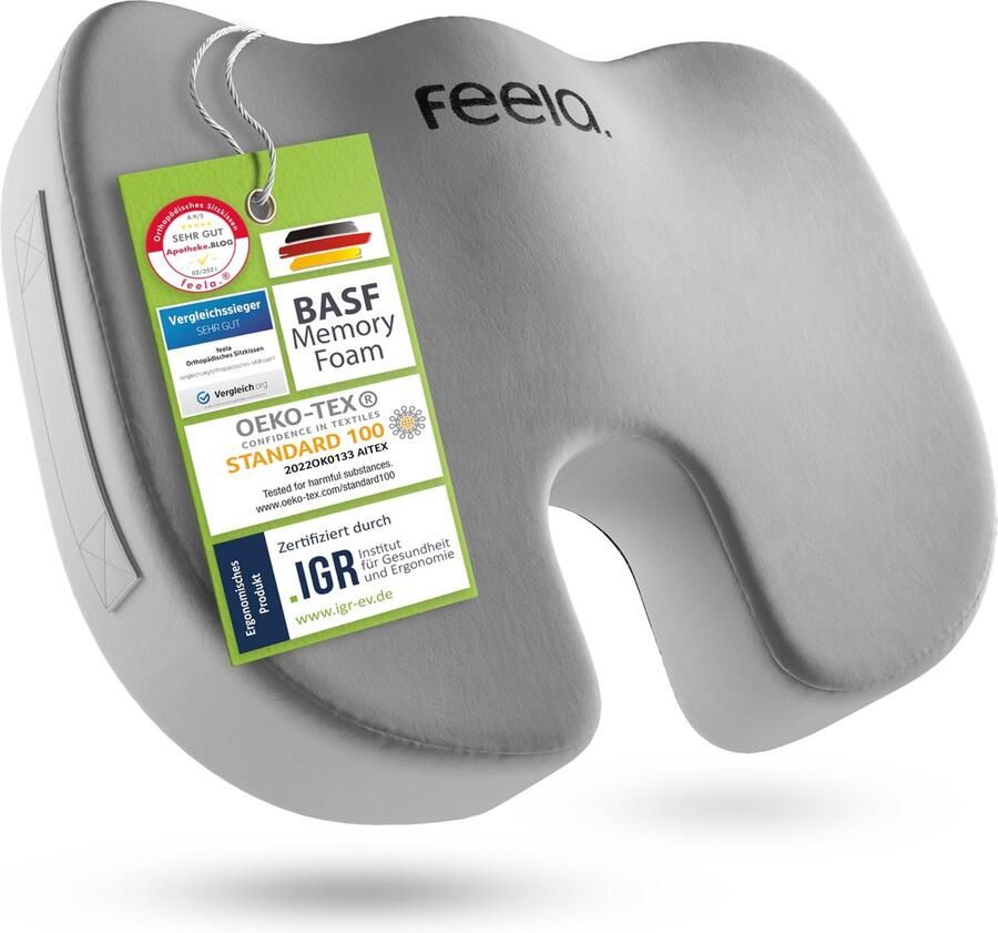 Feela. Orthopedisch zitkussen [3 hardheidsgraden] Ergonomisch zitkussen voor bureaustoel & co werkt pijnverminderend verhoogt zitcomfort bevordert de doorbloeding en ontlast het stuitbeen (hard)