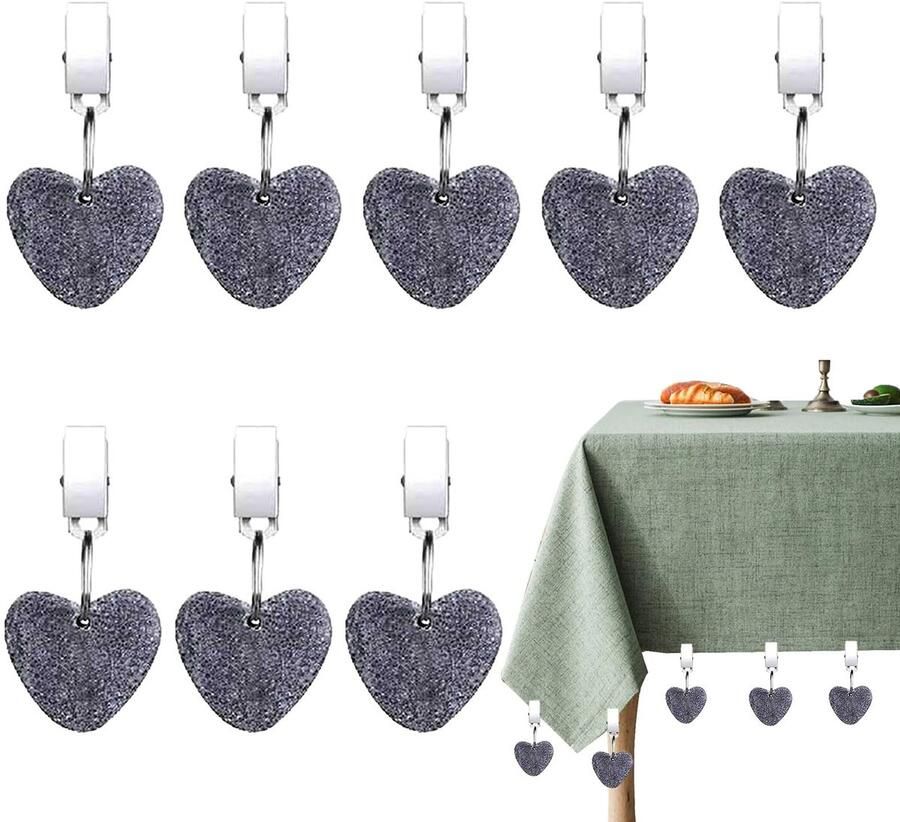 Feliciay Pack van 8 tafelkleedgewichten met clips natuurstenen tafelkleedgewichten buiten met stalen clip geschikt voor tafelbladen in de tuin picknick feest keuken eetkamer (hartvormig)