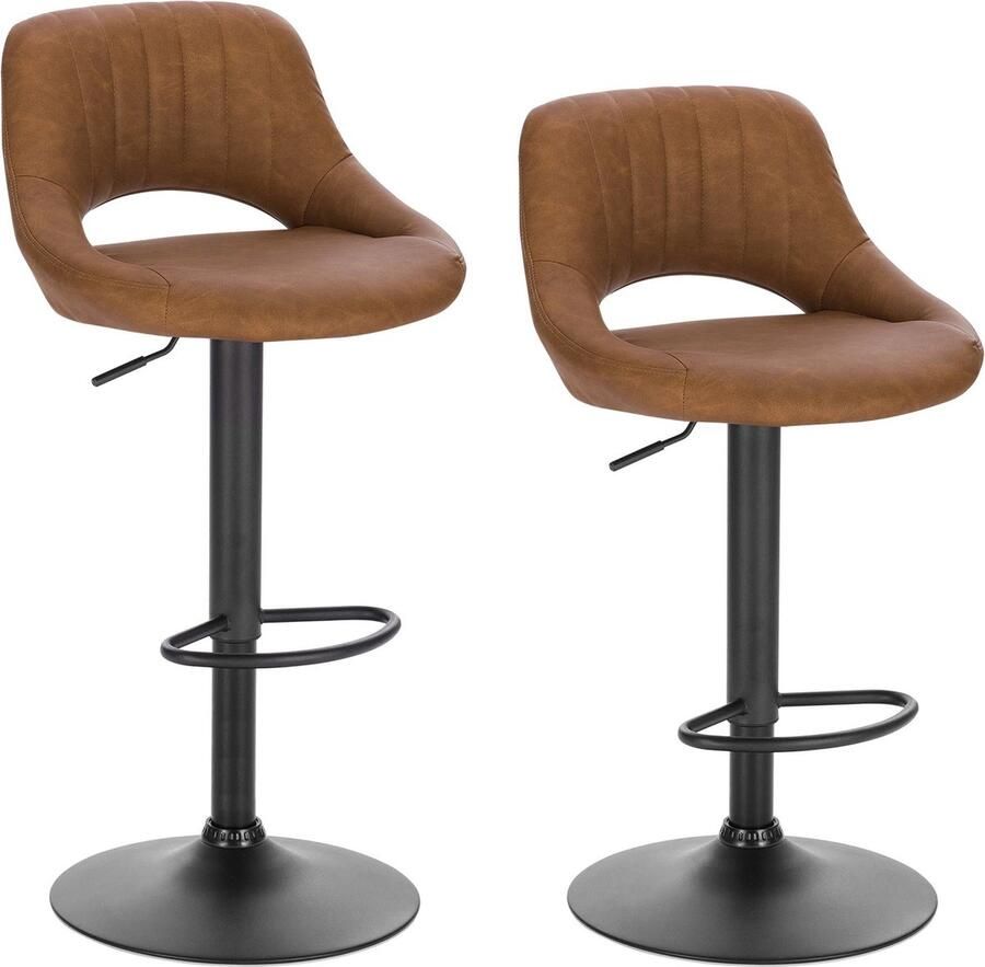 FIBILA Barkrukken Set Van 2 Barkrukken Met Rugleuning Barstoelen met rugleuning Hoogte Verstelbaar 360° Draaibaar Keukenkrukken Bruin