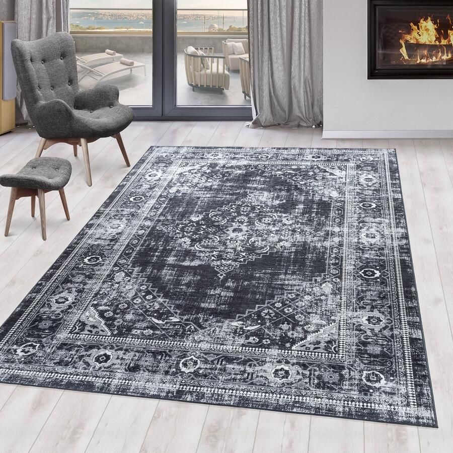 Wasbaar vloerkleed oosters design zwart woonkamerkleed canvas achterkant afmeting: 140 x 200 cm