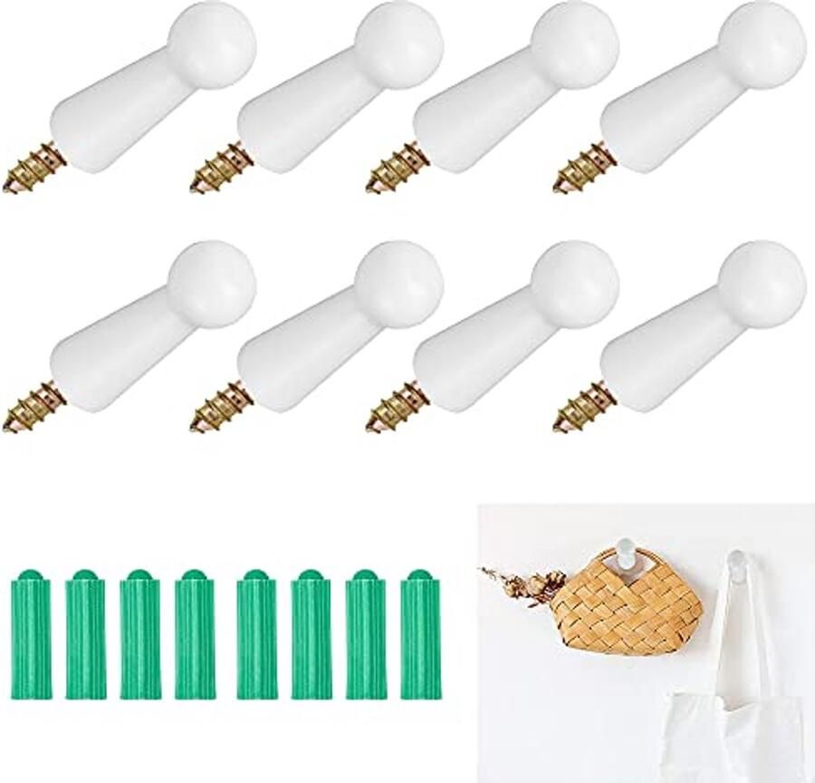 FIGFYOU 8 stuks houten kapstokken natuurlijk hout wandhaken hakenrek houten haken kledingkast houten kapstokken met schroeven houten haken voor kleding sjaal hoedentas (wit)