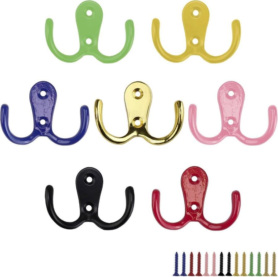 FINELYCR 7-delige kleurrijke kapstokhaken wandkapstokhaken dubbele haken met 14 schroeven kleurrijke kapstokhaken voor badkamer keuken slaapkamer