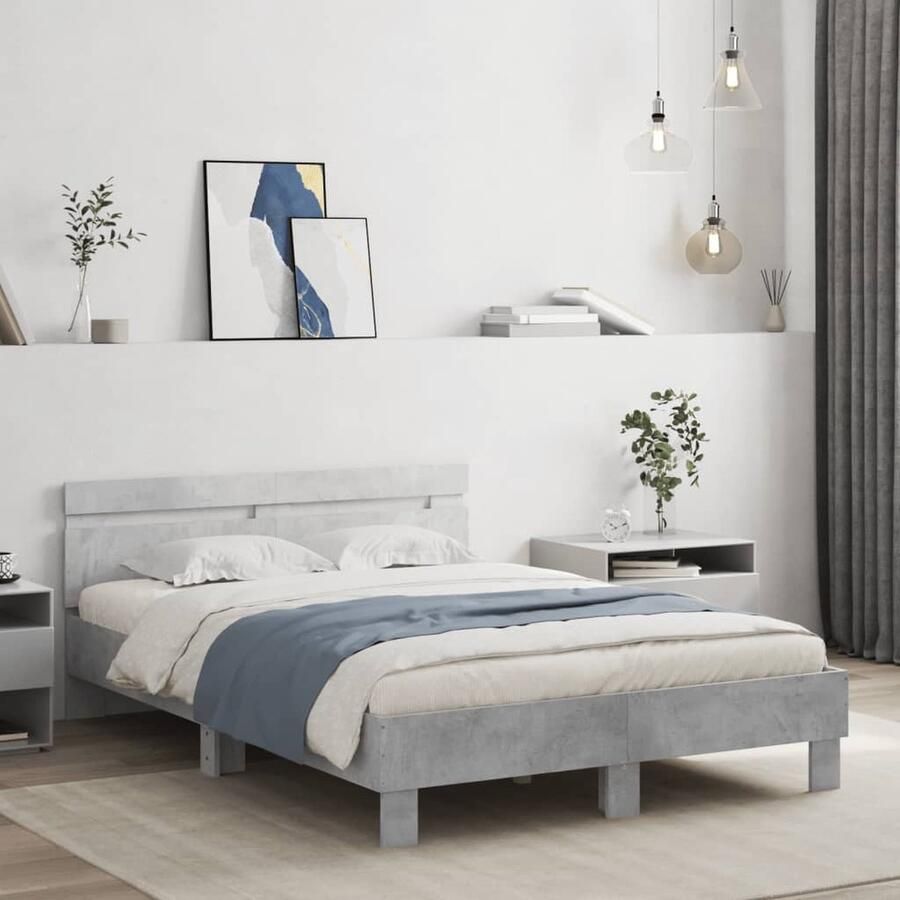 VidaXL -Bedframe-met-hoofdeinde-bewerkt-hout-betongrijs-135x190-cm - Foto 2