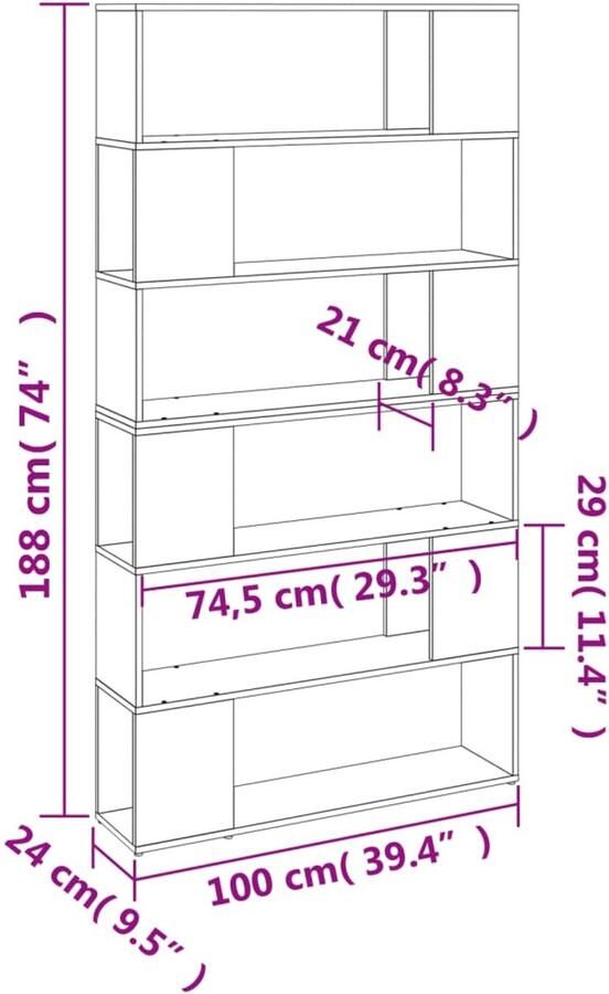 FIONERA Boekenkast kamerscherm 100x24x188 cm grijs sonoma eikenkleurig