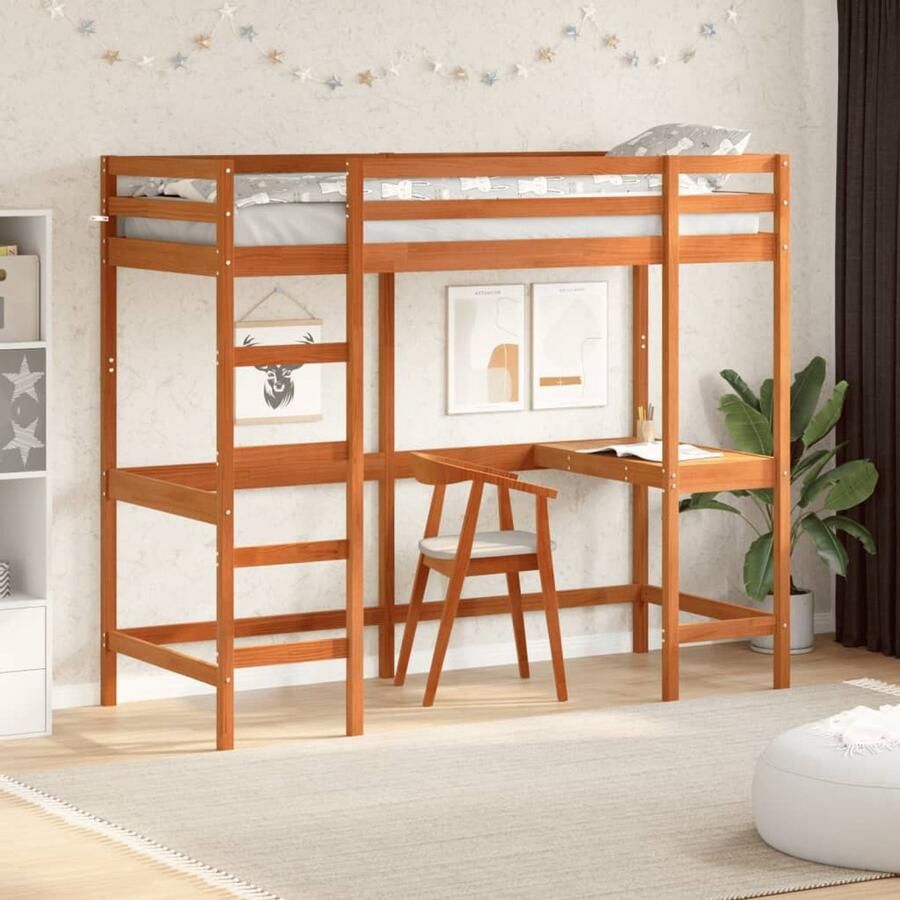 FIONERA Hoogslaper met bureau massief grenenhout wasbruin 75x190 cm