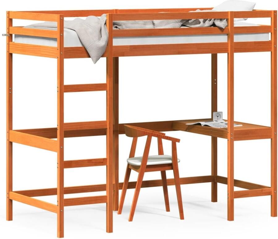 FIONERA Hoogslaper met bureau massief grenenhout wasbruin 90x200 cm