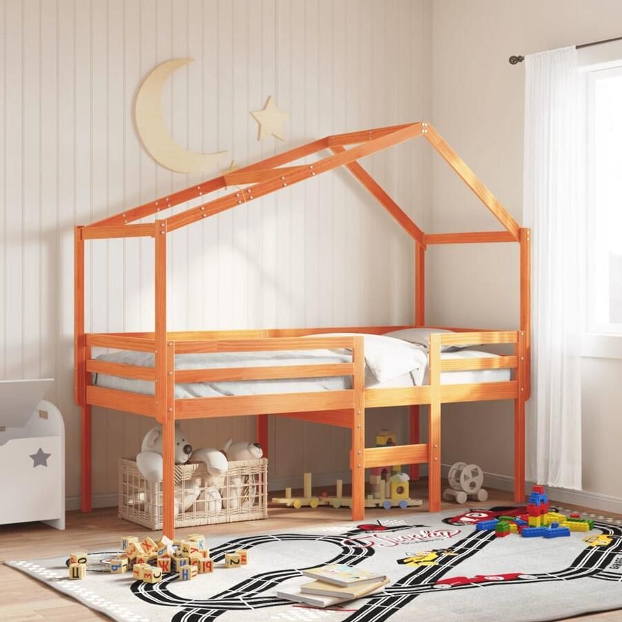 FIONERA Hoogslaper met dak massief grenenhout wasbruin 90x200 cm