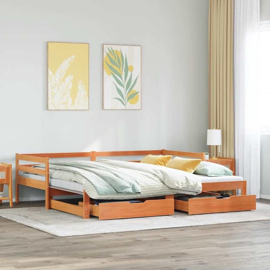 FIONERA Slaapbank onderschuifbed en lades 90x190 cm grenenhout wasbruin