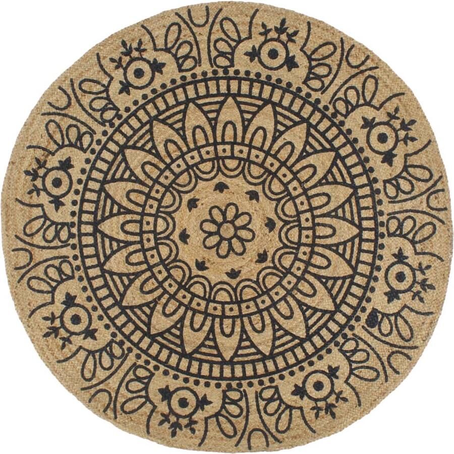 FIONERA Vloerkleed handgemaakt met donkerblauwe print 120 cm jute