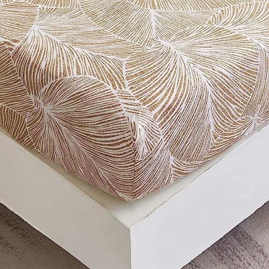 Fitted Sheet 160 x 200 cm Beige Tropisch Bladerenpatroon Zachte Microvezel voor Matrassen tot 30 cm Hoogte