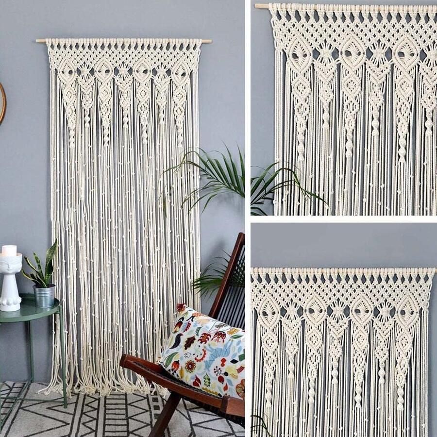 FIYSON Macrame Wall Hanging Tapestry Handmade Woven Macrame Tapestry Room Divider Macrame Curtains Boho Door Curtain for Wedding Background Window Curtains Home Wall Decoration 100 x 200 cm