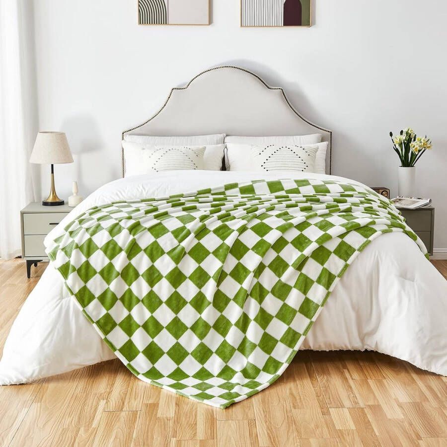 Flanel fleecedeken dambord 150 200 cm het hele jaar door saliegroen geruite deken voor bed bank auto