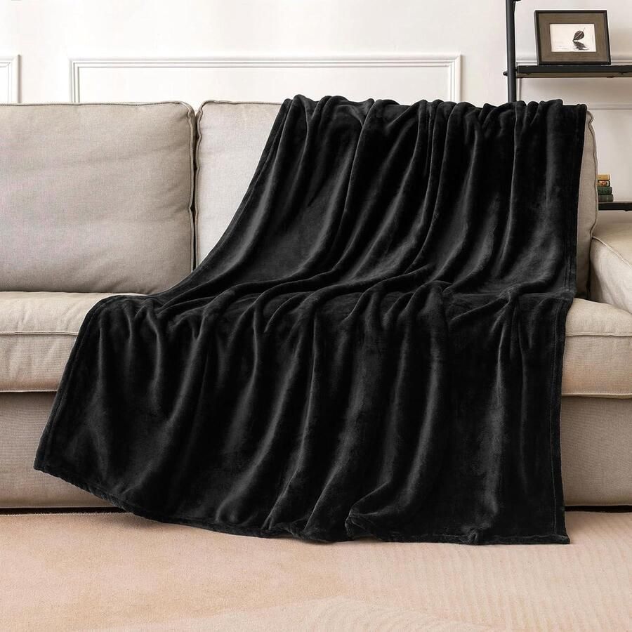 Flanellen fleece deken effen kleur pluche en zacht comfortabel warm en gezellig bed bank slaapkamer reizen enkel zwart 130 x 150 cm
