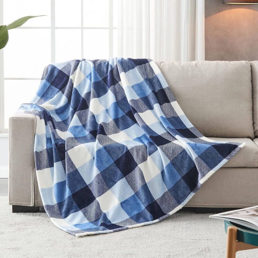 Flanellen fleecedeken 150 × 200 cm het hele jaar door blauw wit geruite deken voor bed bank auto