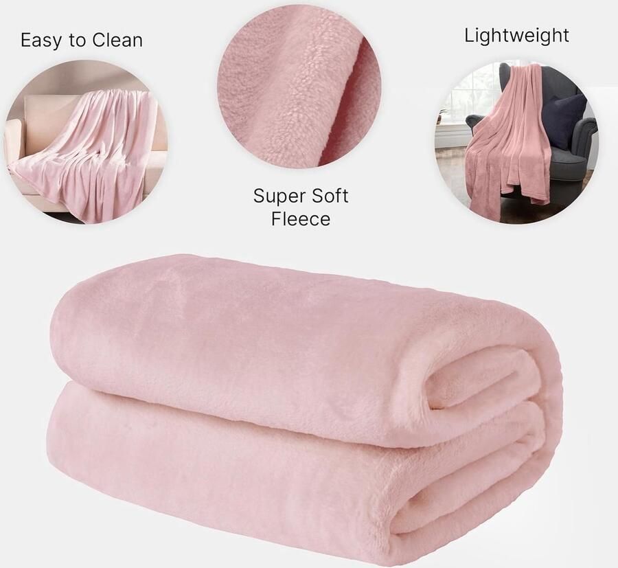 Flanellen fleecedeken voor slaapkamer eenpersoonsbed bank lichtroze 120 x 150 cm
