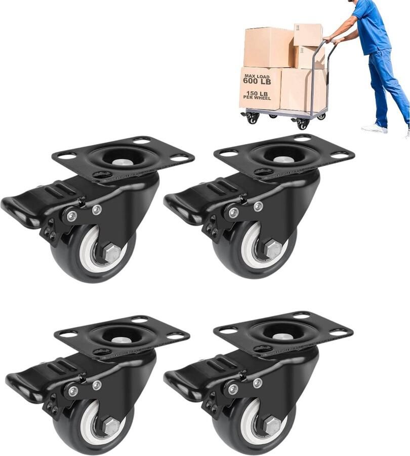 Flat Brake Spinner Zwart 4 stuks 2 Inch Industriële zwenkwielen Voor salontafels plantenstandaards boekenplanken schoenenkasten speelgoeddozen