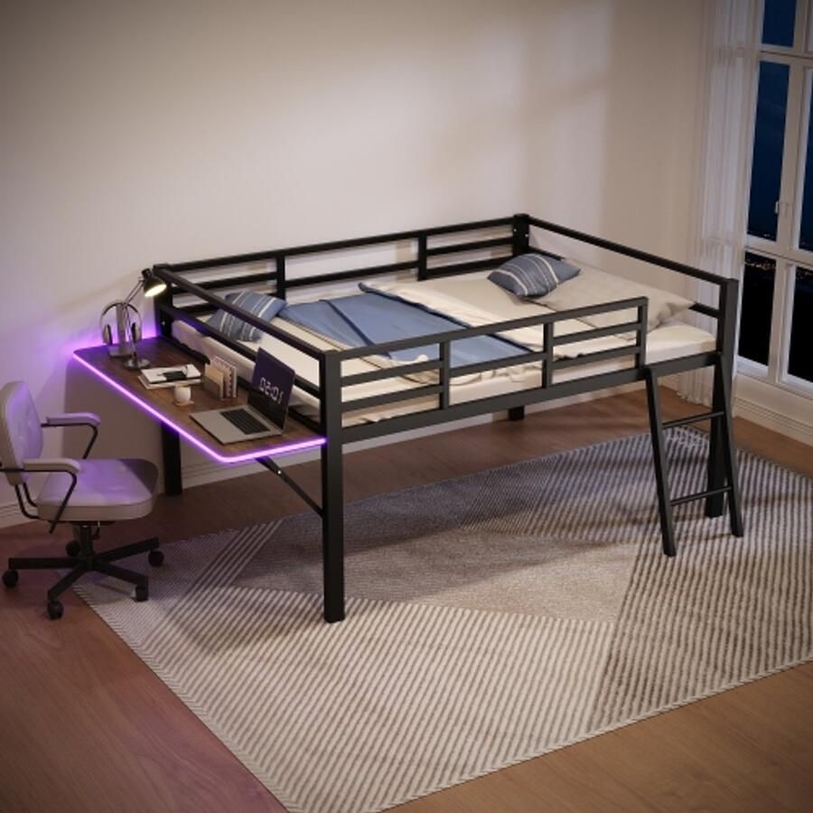 Flatbed 140 x 200 cm metalen bed zonder matras leuning ladder bureau op afstand bedienbare LED-lichtstrip zwart
