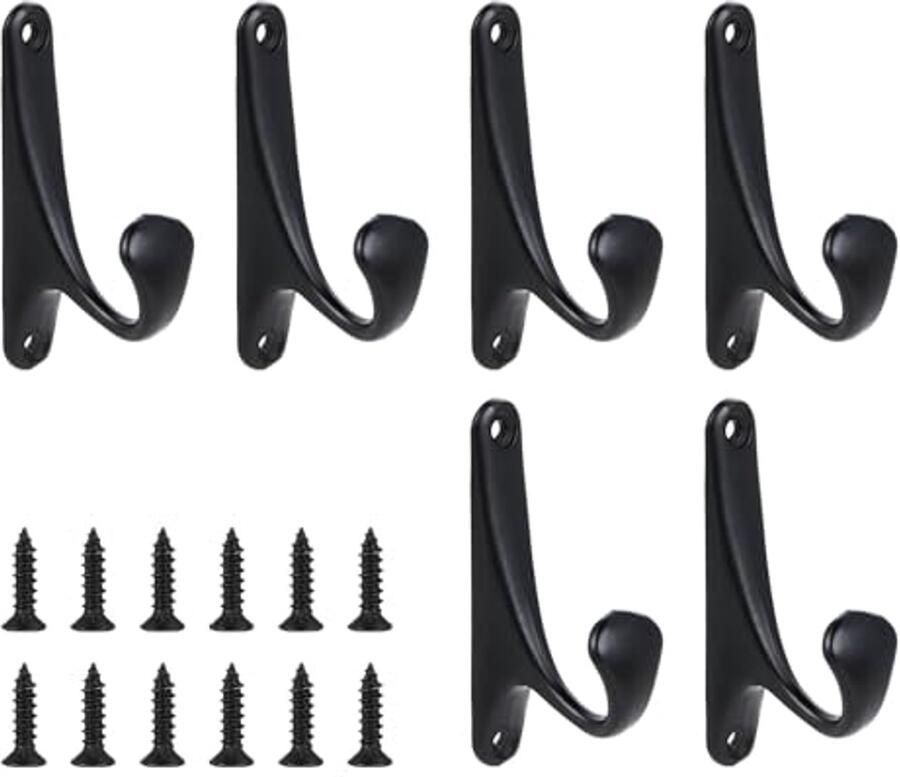 Flearitzo 6 stuks kapstokhaken om vast te schroeven met 12 schroeven voor het ophangen van dingen in slaapkamer badkamer kledingkast en woonkamer (zwart)