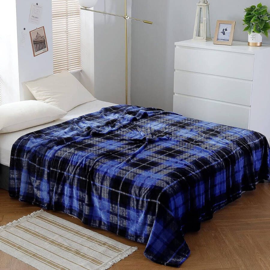 Fleece Deken 150cm × 200cm All Season geruite blauwe deken voor bed bank auto