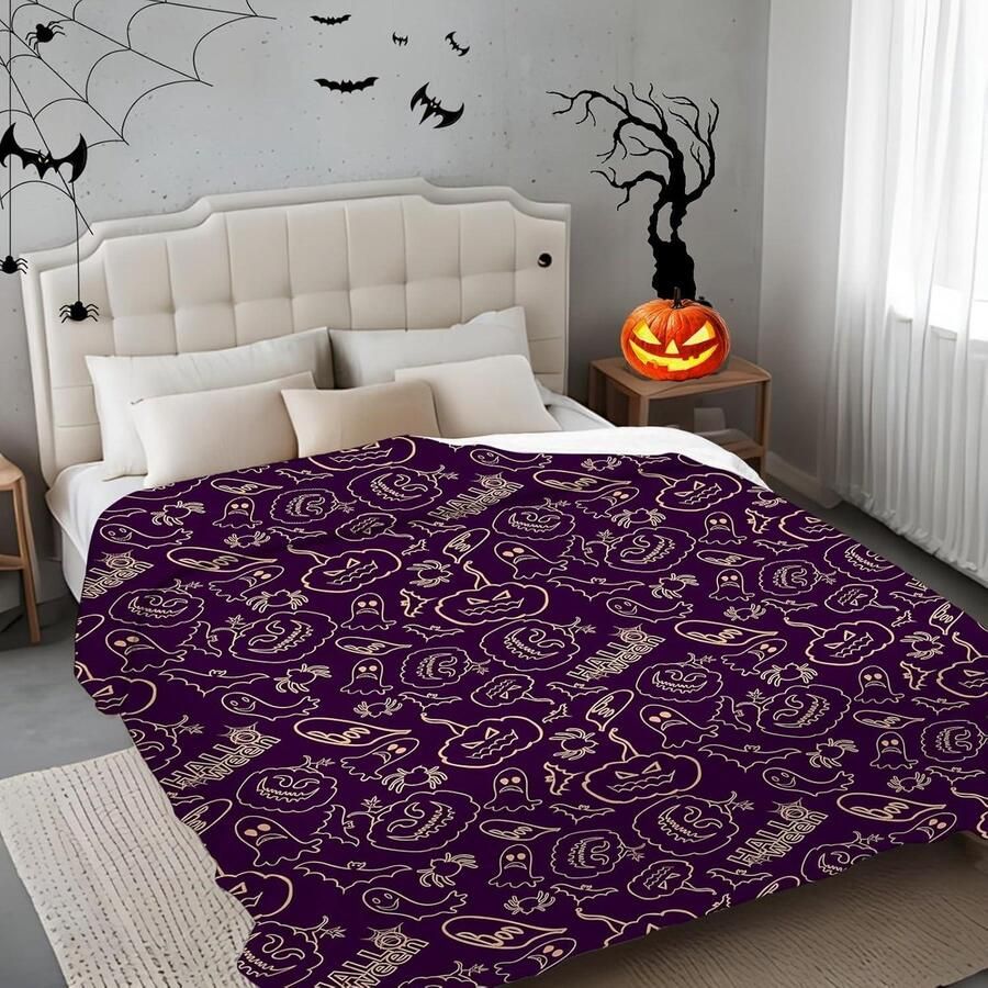Fleece deken Halloween pompoen pluizige deken decoratieve deken warme deken bank en bed paars 125 x 150 cm