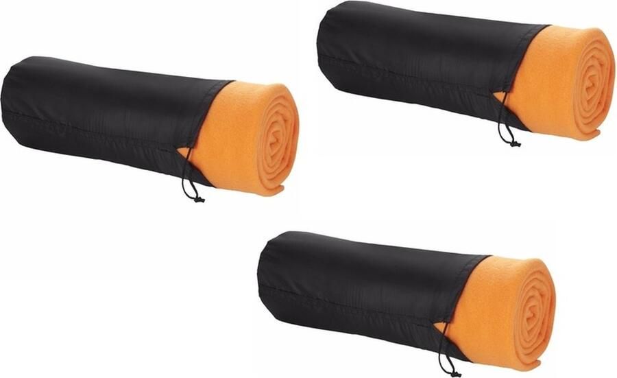 Fleece deken of plaid 3x bank bed oranje 150 x 120 cm reisdeken met tasje