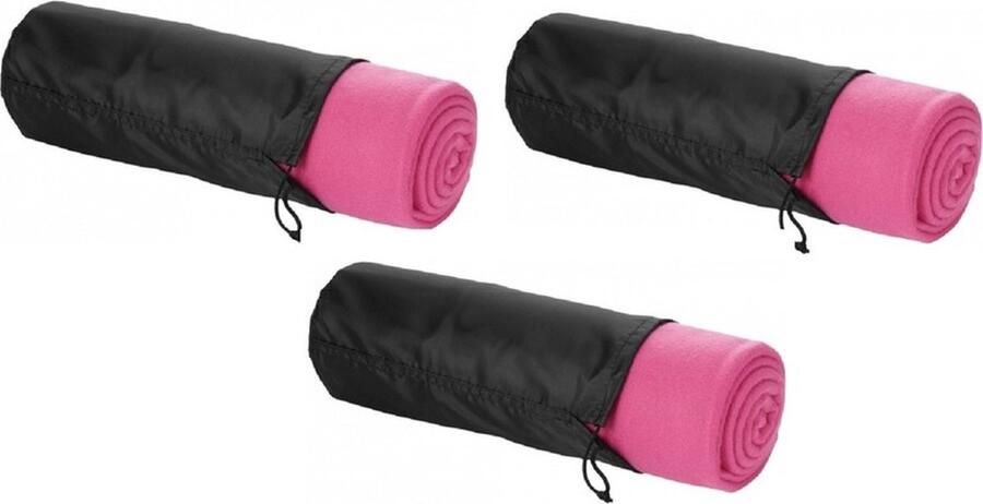 Fleece deken of plaid 3x bank bed roze 150 x 120 cm reisdeken met tasje
