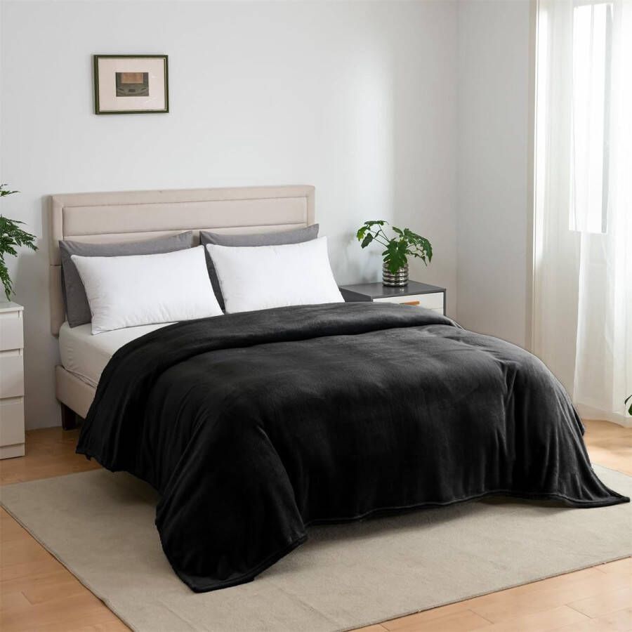 Fleece deken pluizige dekens 150 x 200 cm flanel warme zachte plaid voor bank sprei (zwart tweepersoons)