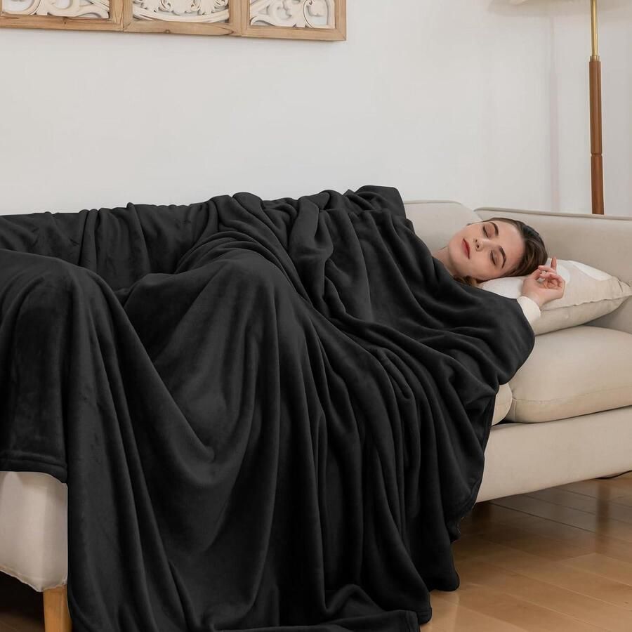Fleece deken pluizige dekens 150 x 200 cm voor banken zachte grote dekens en plaids voor volwassenen warm machinewasbaar (zwart tweepersoons)
