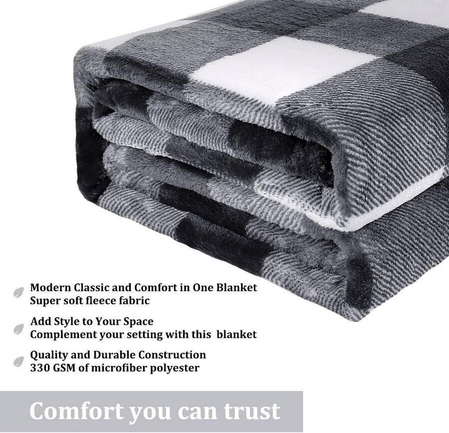 Fleece deken voor bank flanel pluche geruit buffalo warm zwart en wit 130 x 150 cm